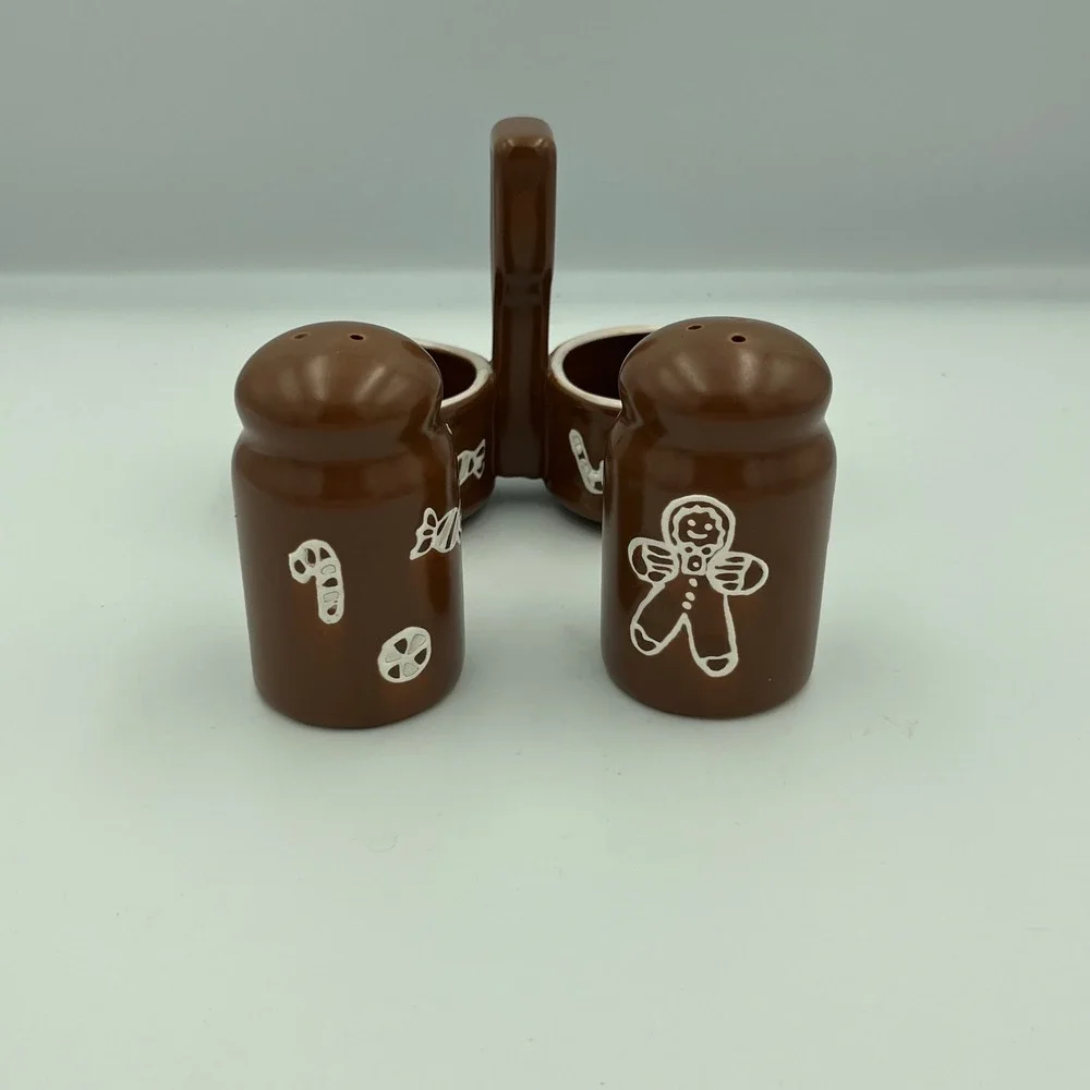 Brown‎ Gingerbread Man Candy Cane Salt Pepper Shakers with Caddy Set